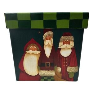 Fiddlestix Santa Trio‎ Christmas Decor Box Green Check Holiday